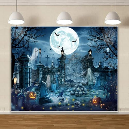Halloween Backdrop for Photography 10x8ft Scary Cemetery Ghost Skull Full Moon Night Halloween Photo Backdrop Spooky Pumpkin Bat Photography Background Party Decor Kid Adult Portrait Photo Booth Prop