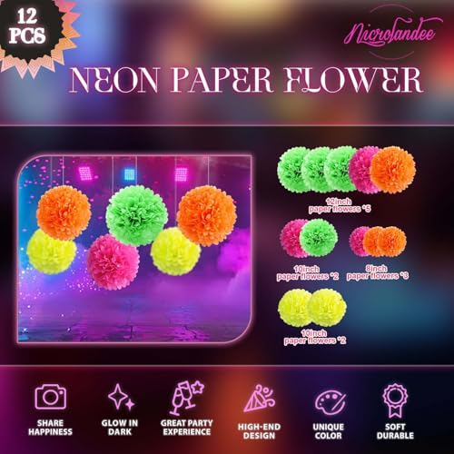 NICROLANDEE Blacklight Party Decorations - 12 PCS Fluorescent Neon Tissue Paper Pom Poms for Birthday, Wedding, Baby Shower, Glow-in-The-Dark, Neon, Prom Dance Party Photography - style: Neon