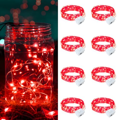 8 Pack Red Fairy Lights Battery Operated, 7ft 20 LED Mini String Twinkle Lights for Mother's Day Christmas Valentine's Day Mason Jars Centerpiece Table Decorations (8, Red) - color: Red