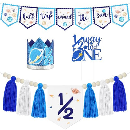 1/2 Birthday Half Trip Around the Sun Half Birthday Decorations - Banner Glitter Cake Topper Tassel Wood Bead High Chair Banner & Crown, Hat Halfway to One Baby Boy Girl Party Supplies - color: Planet Blue