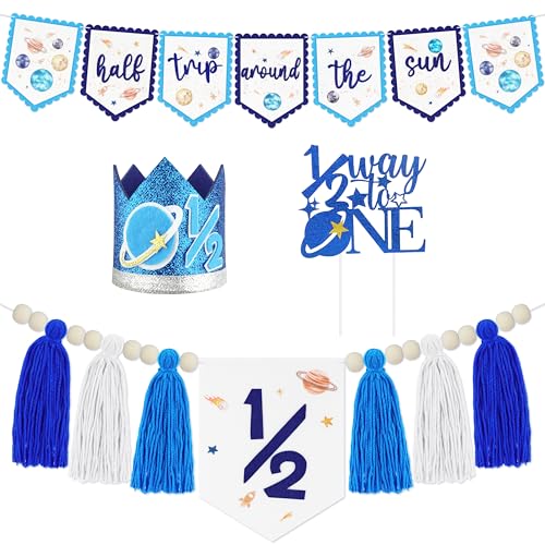 1/2 Birthday Half Trip Around the Sun Half Birthday Decorations - Banner Glitter Cake Topper Tassel Wood Bead High Chair Banner & Crown, Hat Halfway to One Baby Boy Girl Party Supplies - color: Planet Blue