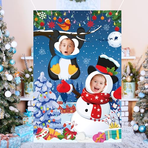 HOWAF Winter Snowman Photography Backdrop Banner, Snowman Penguin Face in Hole Props, Funny Christmas Photo Prop Background Banner for Xmas Holiday Party Decorations