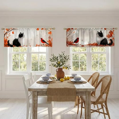 Cat Curtains, Two-Pack, Autumn Cozy Winter Forest Snow, Suitable for Kitchen, Bathroom, Bedroom, 54x18 inches. - color: Cat