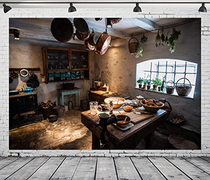 BELECO 5x4ft Fabric Rustic Old Rural Farmhouse Kitchen Interior Backdrop Western Inn Restaurant Kitchen Utensils Dining Table Cooking Background Countryside Theme Church Event Portrait Photo Props