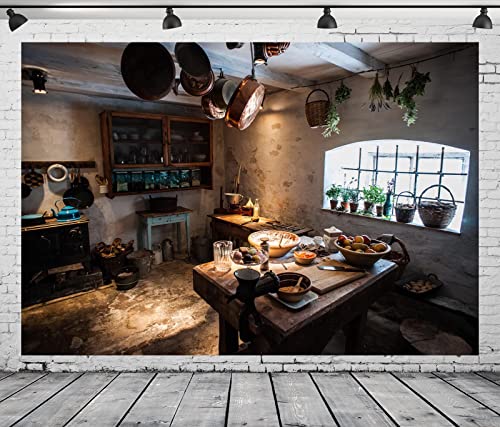 BELECO 15x8ft Fabric Rustic Old Rural Farmhouse Kitchen Interior Backdrop Western Inn Restaurant Kitchen Utensils Dining Table Cooking Background Countryside Theme Church Event Portrait Photo Props