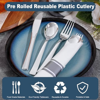 200Guests Pre Rolled Silver Plastic Silverware Sets - Heavy Duty Silver Cutlery - Include 200 Pack Wrapped Disposable Utensils with Napkins for Parties & Dinners & Weddings - color: 200Pack - Silver
