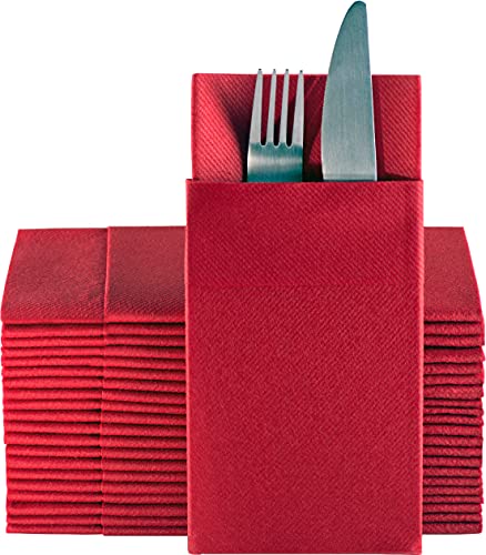 Moyes Home Red Disposable Dinner Napkins with Pocket - Linen-Feel Pre-Folded Cloth-Like Paper Napkins for Silverware, Weddings, Dinner Parties, 16x16 in, Pack of 50 - color: Red