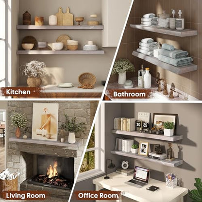 Live Edge Floating Shelves Set of 2, 32 Inch Solid Elm Wood Wall Shelves - Invisible Bracket Mount for Living Room, Bedroom, Kitchen, Bathroom | Weathered Gray - color: Driftwood Gray, size: 32"L, 2-Pack