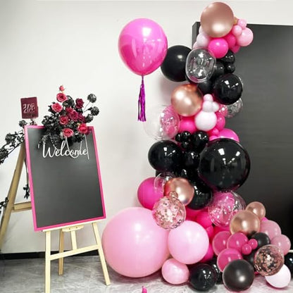 MEBAY Hot Pink Black and Gold Balloon Arch Kit, 141Pcs Rose Red Black Dusty Rose Gold Metallic Pastel Pink White Balloons for Birthday Wedding Bachelorette Gender Reveal Anniversary - color: 141-hot Pink