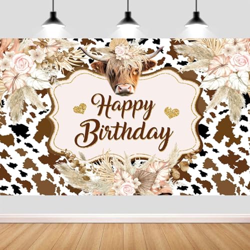 Wathon Western Cow Birthday Backdrop for Photography Brown Highland Cattle with Floral Pampas Grass Party Decorations Banner Boho Fun Farm Cow Photo Background Booth Video Studio Props 5X3FT - color: Fun Cow, size: 5X3FT