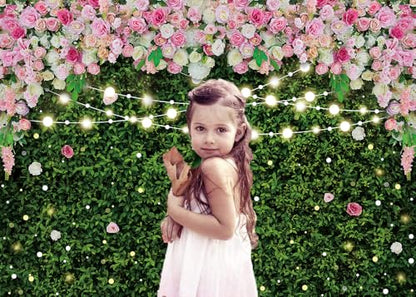 7x5FT Flower Wall Backdrop Pink Rose Green Leaves Glitter Background Girls Women Birthday Party Wedding Bridal Shower Parties Portraits Photo Studio Shoot