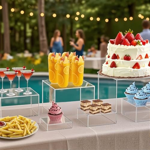 DomeStar 6PCS Clear Buffet Risers with Mini Sign, Food Risers Dessert Table Display Set for Buffet Table Party Catering Cupcake Cake Jewelry, Nesting Boxes for Food Display 8" 7" 6" 5" 4" 3" - color: Transparent