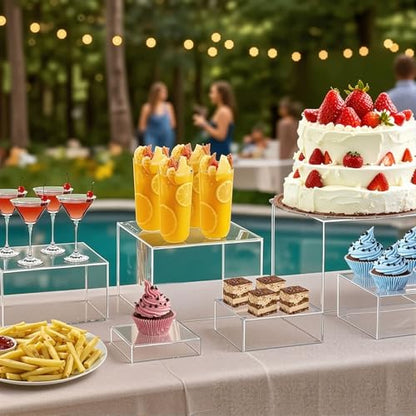DomeStar 6PCS Clear Buffet Risers with Mini Sign, Food Risers Dessert Table Display Set for Buffet Table Party Catering Cupcake Cake Jewelry, Nesting Boxes for Food Display 8" 7" 6" 5" 4" 3" - color: Transparent