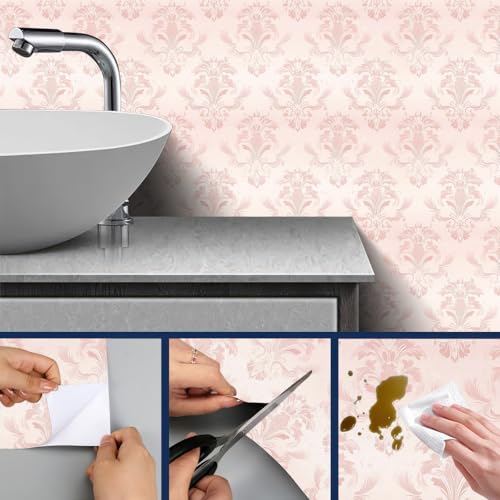 HOMETITUTE Wallpaper Peel and Stick Soft Pink Classic Damask Contact Paper Wall Paper Stick 17.7" x 118.1" Self Adhesive Removable Vinyl Wall Covering Bedroom Kitchen Bathroom Home Decor - color: Pink Classic Damask