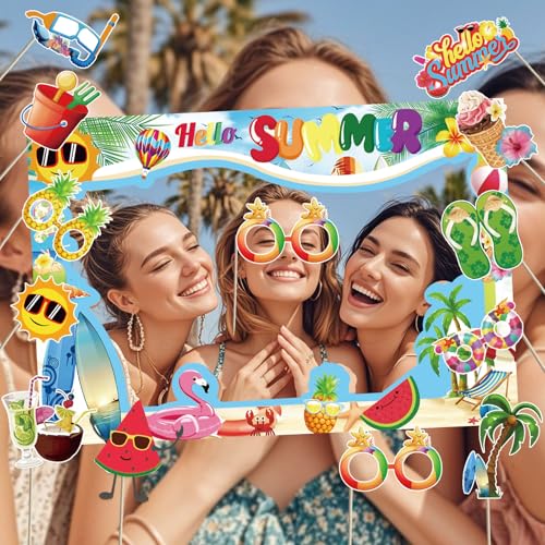 Hello Summer Photo Booth Props - Hello Summer Party Decorations for Tropical Hawaiian Theme Summer Beach Party Photo Booth Props