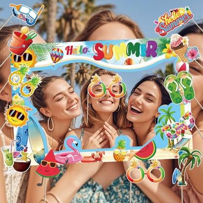 Hello Summer Photo Booth Props - Hello Summer Party Decorations for Tropical Hawaiian Theme Summer Beach Party Photo Booth Props