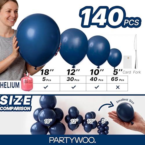 PartyWoo Navy Blue Balloons 140pcs Different Sizes of 18 12 10 5 Inch Dark Blue Balloon Arch Kit Garland for Graduation Wedding Sports Theme Boy Baby Shower Men Birthday Party Decorations Blue-Y72 - color: Blue-y72