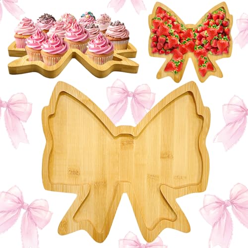 1 PCS Wooden Bow Party Decorations Bowtie Charcuterie Boards for Baby Shower Baby Girl Birthday Food Trays Coquette Serving Platter Fillable Dish Plates for Wedding Gender Reveal Party Tabletop Decor - color: Wooden Bow