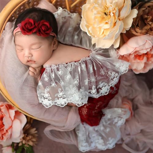 Newborn Photography Outfits Girl Newborn Photography Props Newborn Girl Lace Romper Headress Infant Princess Costume - color: Claret
