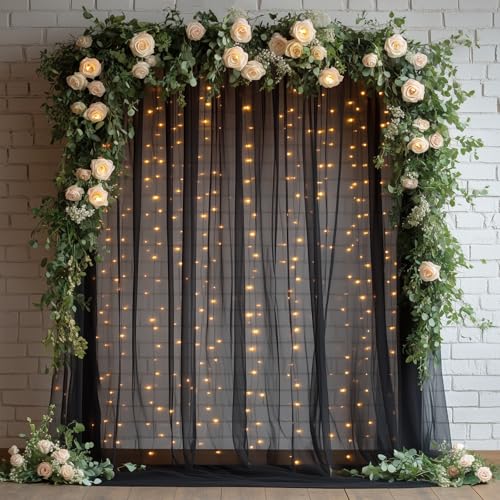 Black Tulle Backdrop Curtain with Lights - 10x10ft Sheer Backdrop with 300 LEDs for Wedding, Baby Shower, Bridal Shower, Birthday Party Photo Shoot Background and Home Decorations - color: Black, size: 10 x 10 Feet