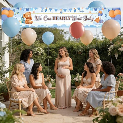 We Can Bearly Wait Baby Shower Decorations Set with 50 Balloons Large 10ft Fabric Banner Blue Brown Boho Teddy Bear Theme Party Supplies for Boy Gender Reveal Backdrop Yard Sign Photo Prop