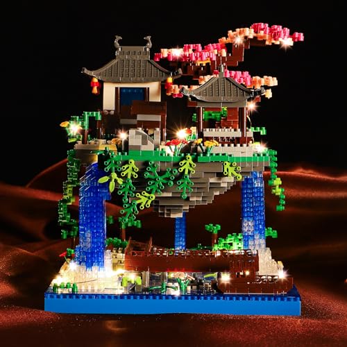 CAXIMSY Cherry Blossom Bonsai Tree Building Block Sets with Acrylic Display Box Chinese Architecture of Peach Blossom Micro Mini Building Set Toy Gift for Kids Adults（3320 Pieces） - style: Peach blossom pool with Acrylic Box