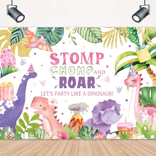 Dinosaur Backdrop 7Wx5H Feet Cartoon Dino Watercolor Purple Pink Jungle Tropical Volcano Boys Girls Baby Shower Photography Background Birthday Decorations Photo Booth Studio Prop Fabric - color: Cartoon Dinosaur-2, size: 7Wx5H