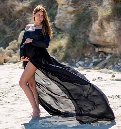 ZIUMUDY Maternity Maxi Chiffon Photography Dress Split Front Gown for Photoshoot - color: Black
