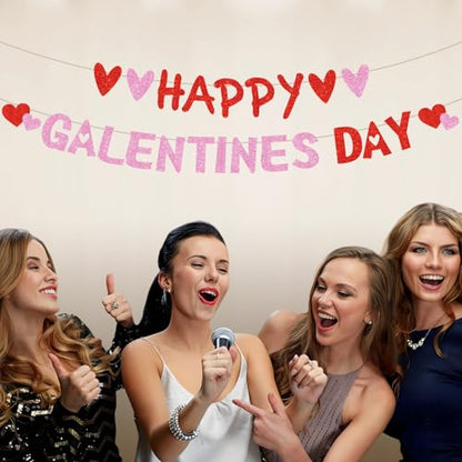 Happy Galentine’s Day Decorations Pre-Assembled Red Glittery Heart Banner Valentines Day Sign Ladies Girls Birthday Party Photo Prop Supplies