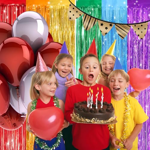 Valentines Day 2 Pack 3.3 * 8.3 ft Foil Curtain Metallic Tinsel Fringe Curtains Photo Booth Props Backdrop for Birthday Wedding Engagement Baby Shower Christmas Holiday Celebration Party，Rainbow - color: Rainbow, size: 2 Pack