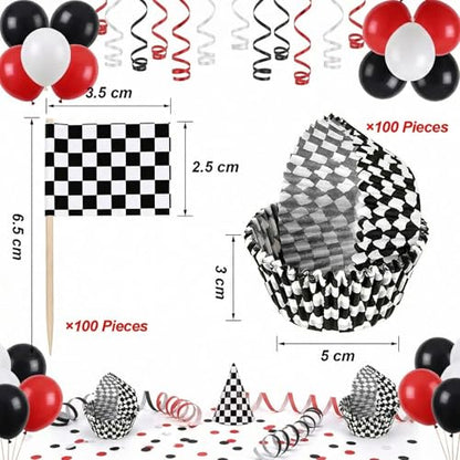 TecUnite 100 Pcs Race Car Checkered Flag Cupcake Wrappers Liners and 100 Pcs Cupcake Toppers Race Car Party Cake Decoration for Racing Checkered Theme Birthday Party (Black and White)