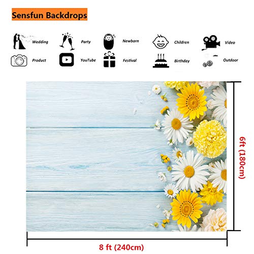 Sensfun 8x6ft Blue Wood Photo Backdrop Spring Theme Yellow White Daisy Flowers on Light Wood Plank Photography Background for Wedding 1st Birthday Party Photobooth Banner Photo Studio Props(WP094) - color: WP094, size: 8x6ft