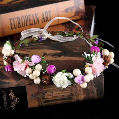 Adjustable Flower Crown Headband for Women - Floral Garland Hair Wreath with Crystal Accents Perfect for Weddings Flower Wands Photo Props (Pink White Flower, Adjustable) - color: Pink White Flower