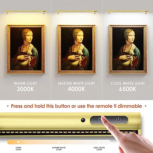 Battery Operated Wireless Picture Light，Rechargeable/Plugged in 31.5inch Painting Display Light,Remote Control Wall Lights with Three Modes and Timing for Art Frame (Gold) - color: Gold