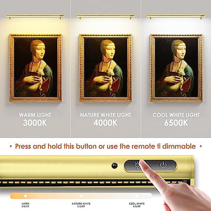 Battery Operated Wireless Picture Light，Rechargeable/Plugged in 31.5inch Painting Display Light,Remote Control Wall Lights with Three Modes and Timing for Art Frame (2 Gold) - color: 2 Gold