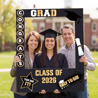 RattanView 2026 Graduation Photo Booth Props Frame Class of 2026 Congrats Grad Selfie Picture Frame, Cardboard Large Photo Booth Prop for High School & College Graduation Party Decorations - style: Grad