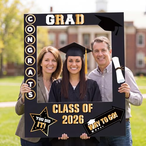 RattanView 2026 Graduation Photo Booth Props Frame Class of 2026 Congrats Grad Selfie Picture Frame, Cardboard Large Photo Booth Prop for High School & College Graduation Party Decorations - style: Grad