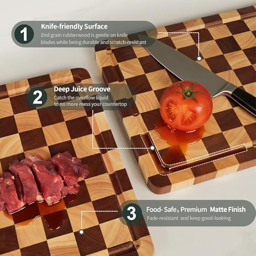 WILLKOMMEN Checkered Cutting Board Set, 3-Piece Wood Checkerboard End Grain Chopping Boards with Holder & Juice Groove Wooden Kitchen Cutting Board for Cooking and Serving (S, M, L) - style: Checkerboard set of 3