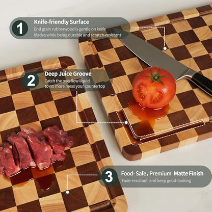 WILLKOMMEN Checkered Cutting Board Set, 3-Piece Wood Checkerboard End Grain Chopping Boards with Holder & Juice Groove Wooden Kitchen Cutting Board for Cooking and Serving (S, M, L) - style: Checkerboard set of 3