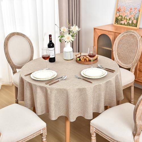 Fitable Faux Linen Textured Beige Round Tablecloths 60 Inches - 2 Pack Faux Burlap Table Clothes for Banquet, Party, Dining, Farmhouse, Outdoor (Great for 20"-48" Round Tables) - color: Beige, size: 60" Round (2 Pack)