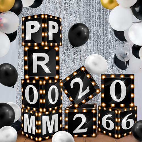 Sinmoe 8 Pcs 2026 Prom Graduation Boxes Decoration Photo Booth Border Lighting 12'' Column Standup with 2026 Prom Letters Graduation Props Backdrop Decor for Party Supplies(Black and Silver) - color: Black and Silver