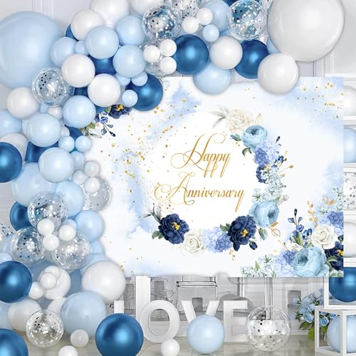 MEHOFOND 7x5ft Floral Happy Anniversary Backdrop Pastel Blue Photography Background Watercolor Blue Flower Gold Glitter Dots Couple Wedding Party Engagement Decorations Cake Smash Photo Booth Props - color: Blue, size: 7x5ft