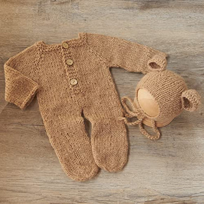 Zeroest Newborn Boy Photoshoot Outfits and Props Bear Bonnet with Footed Romper Infant Baby Photography Crochet Knitted Set - color: Khaki