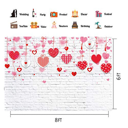 8x6ft Valentine's Day Backdrop White Brick Wall Red Hearts Photography Background Valentine's Day Wedding Bridal Shower Birthday Party Decor Banner Portrait 088 - size: 8x6ft