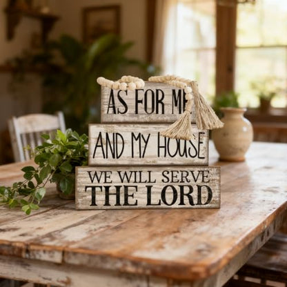 Yuntau 4 Pcs Farmhouse Bible Verse Decor Farmhouse Tiered Tray Decor Rustic Retro Wood Bead Garlands for Me and My House We Will Serve the Lord Block Christian Jesus Sign for Home Shelf Mantel - style: Bible Verse