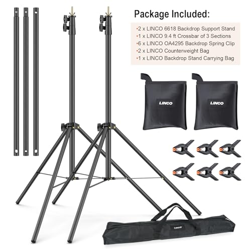 LINCO Backdrop Stand for Parties Kit 10x7 ft Adjustable Photography Studio Photo Background Support System with Clamps, Sand Bag, Carrying Bag - size: 9.4x8.3 ft