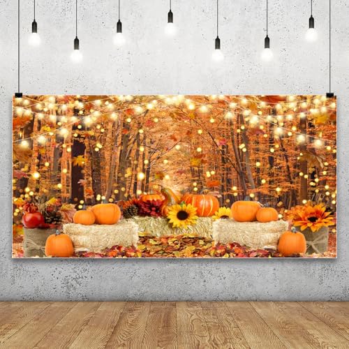 Fall Backdrop Photo Autumn Harvest Pumpkin Maple Leaves Thanksgiving Background Baby Shower Banner Decoration Birthday Party Studio Props 9 * 6ft - color: Orange, size: 9x6ft