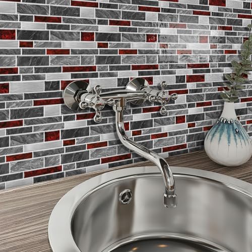 VICCI 12-Sheet Peel and Stick Tile Backsplash, Vinyl Waterproof Tiles Decals 12 x 12 inch Self Adhesive Wall Sticker for Kitchen, Bathroom & Laundry Room (Grey & Red Marble Style) - color: Spt-202, size: 12 x 12 inch (3D Textured style)