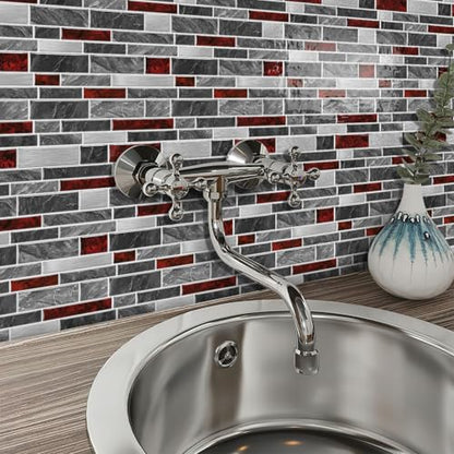 VICCI 12-Sheet Peel and Stick Tile Backsplash, Vinyl Waterproof Tiles Decals 12 x 12 inch Self Adhesive Wall Sticker for Kitchen, Bathroom & Laundry Room (Grey & Red Marble Style) - color: Spt-202, size: 12 x 12 inch (3D Textured style)