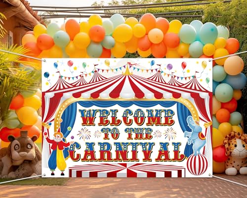 Remagr Large Circus Carnival Backdrop 10 x 8 ft Welcome to The Carnival Banner Backdrop Photo Garage Doors Background for Circus Theme Party Decorations Birthday Party Supplies Photo Props - size: 10 x 8 ft